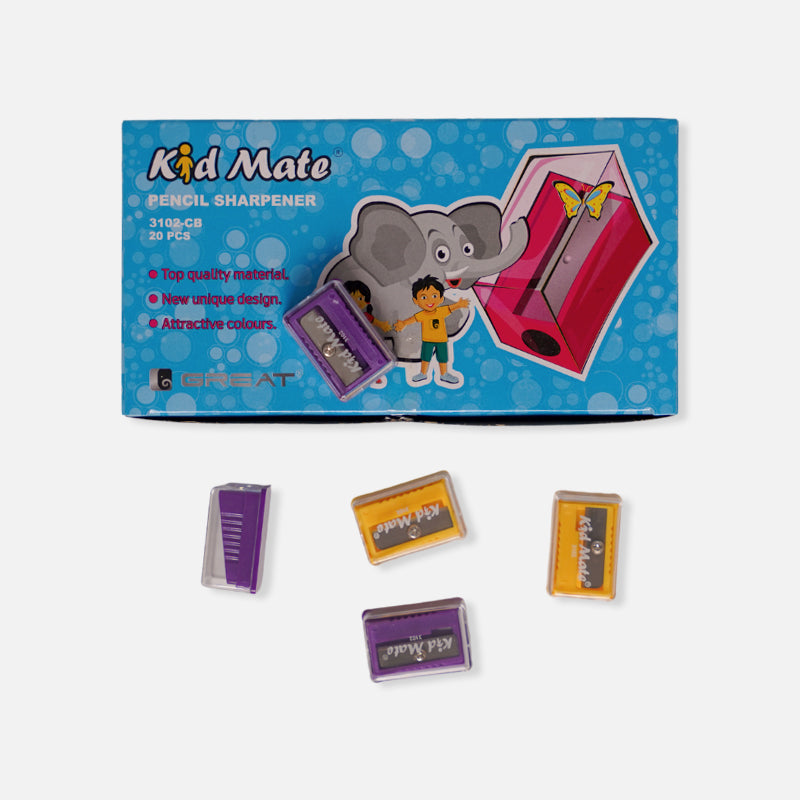 Packaging of Kidmate 3102 Pencil Sharpener featuring the product with sharpened pencils and erasers, set against a colorful cartoonish backdrop.