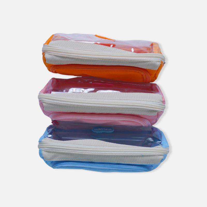 Stack of three transparent pencil bags in blue, pink, and orange, with visible white zippers.