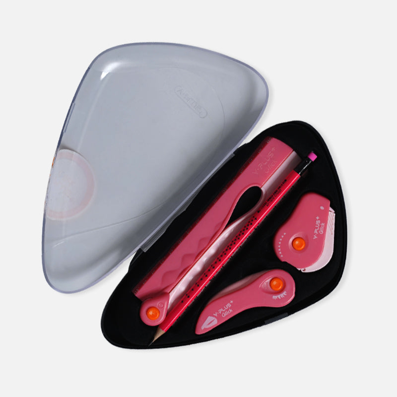 A set of triangular stationery containers with various writing instruments inside. Each container is colorful with a unique combination of pink, green, blue, and purple.