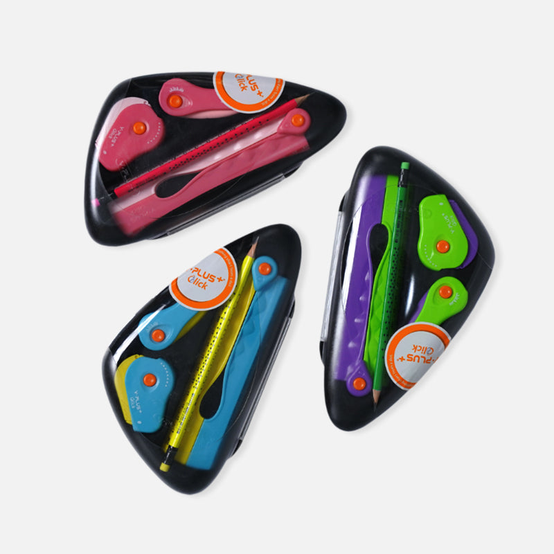 A set of triangular stationery containers with various writing instruments inside. Each container is colorful with a unique combination of pink, green, blue, and purple.