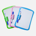 Three dry-erase notepads with green, pink, and blue borders, each with a blue and white marker attached to the right side.