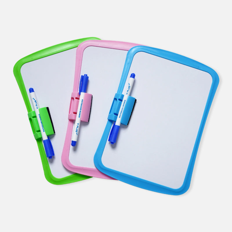 Three dry-erase notepads with green, pink, and blue borders, each with a blue and white marker attached to the right side.