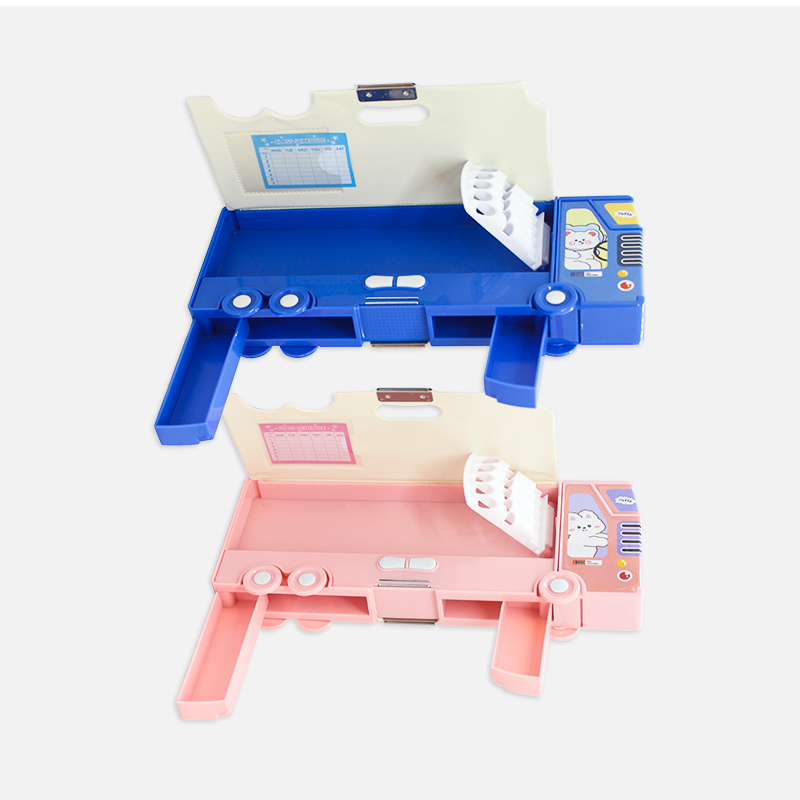Double Compartment Bus Pencil Box With Moving Tyres, Button Enabled Storages and Sharpner 3524-29