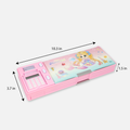 Pink pencil box with character design and measurements on a white background