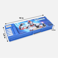 Blue pencil box with character illustration and dimensions on a white background