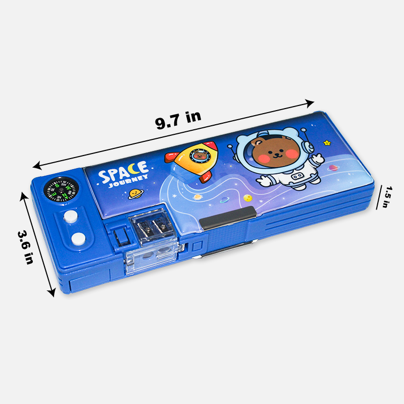 Blue pencil box with space-themed design and measurements on a white background