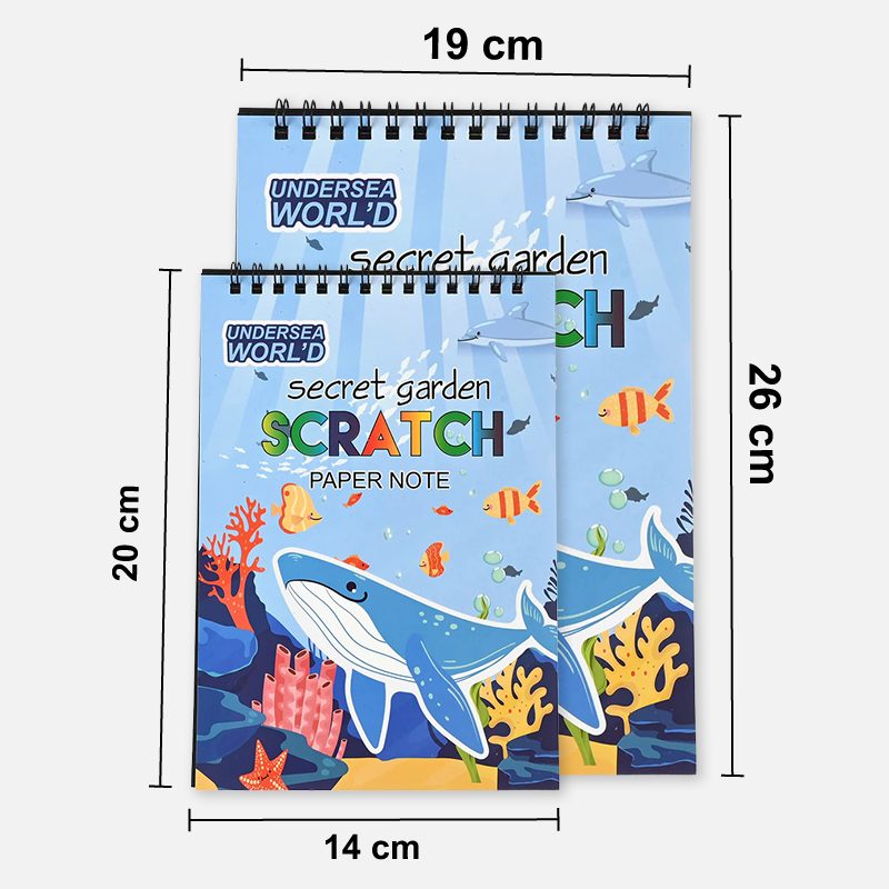Two scratch paper notebooks with undersea world design and measurements on a white background