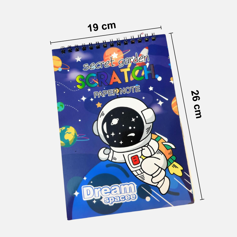 Scratch paper note with astronaut design and space-themed elements, shown with dimensions.