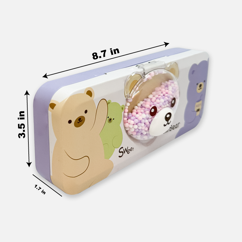 Pencil box with bear design and measurements on a white background