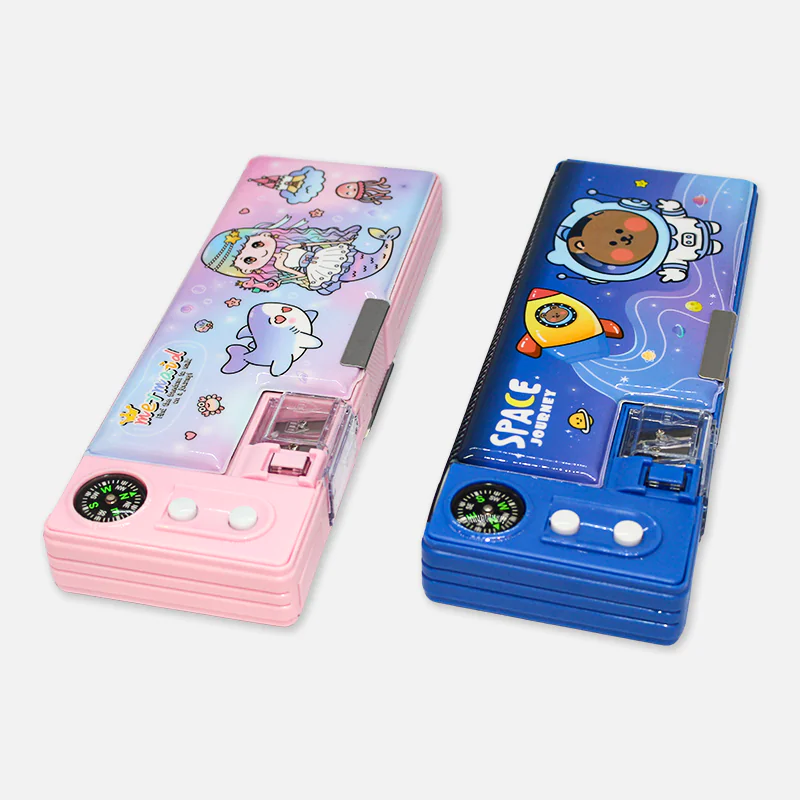 Space Journey Happy Dinosaur Mermaid Multifunctional Magnetic Lock Pencil Box with Double Sharpener & Compass