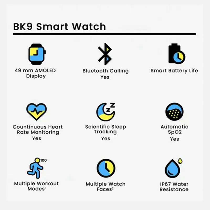 BK9 Multifunction Smart Watch Super Bright Clear Display with Bluetooth Calling for Men and Women
