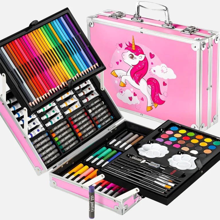 unicorn art set 145 pieces showing all drawing tools and accessories