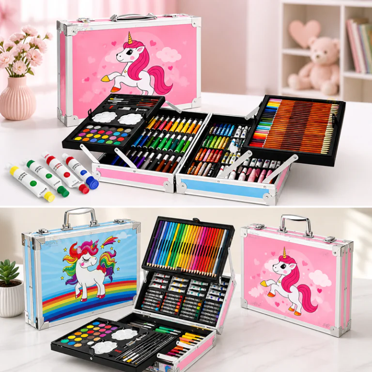 unicorn art set 145 pieces showing all drawing tools and accessories