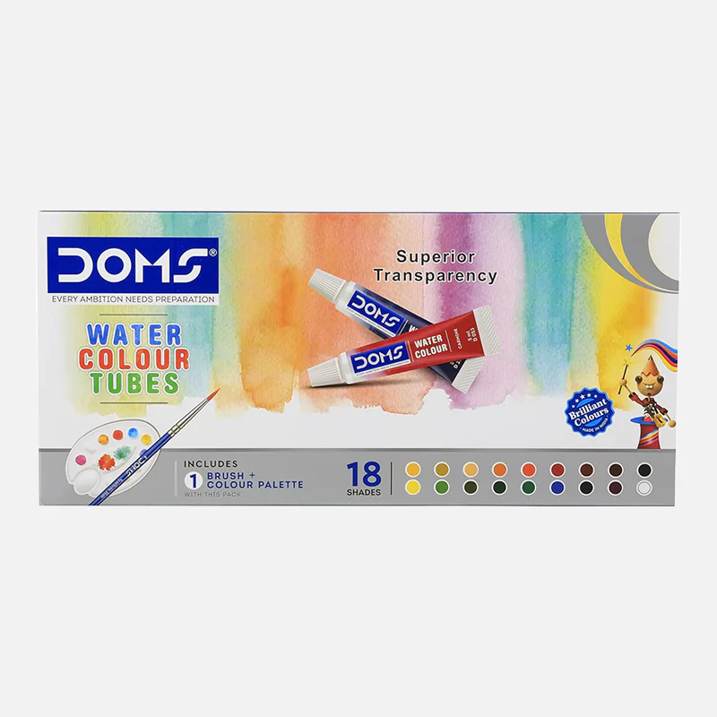 DOMS 18 Assorted Shades Water Colour Tubes with Paint Brush and Palette