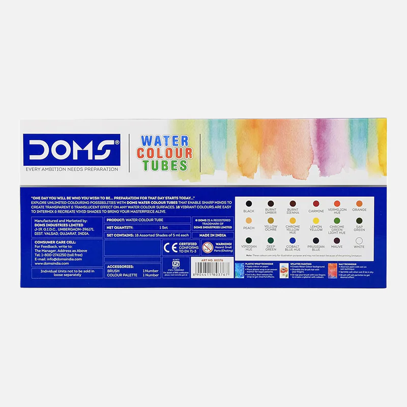 DOMS 18 Assorted Shades Water Colour Tubes with Paint Brush and Palette