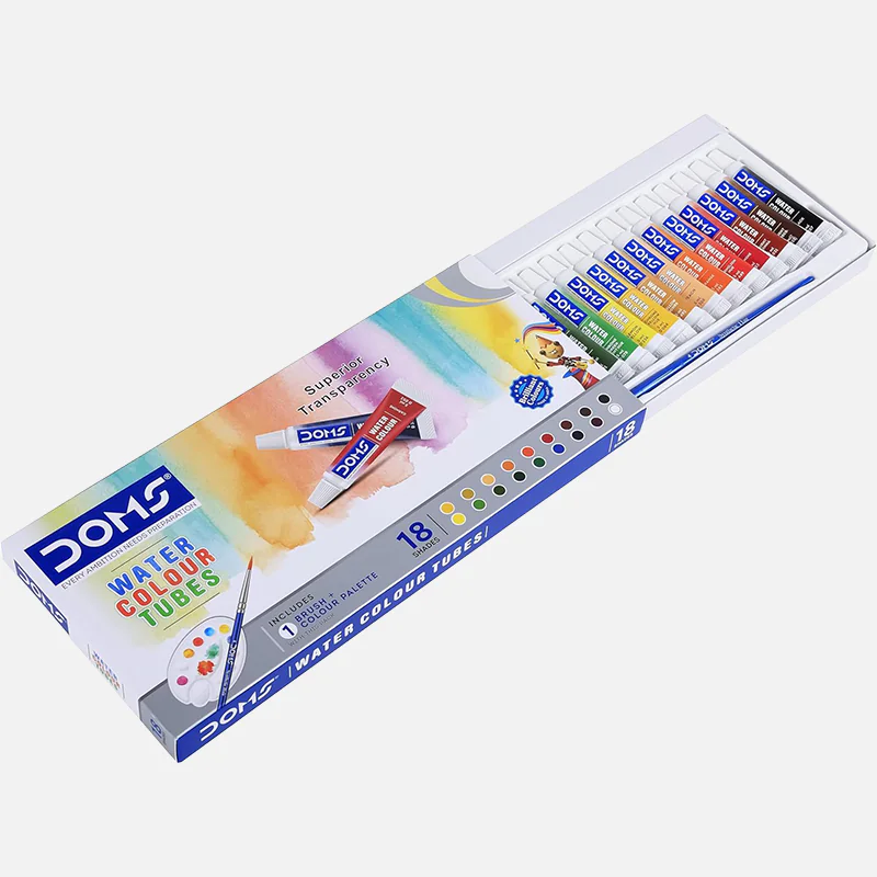 DOMS 18 Assorted Shades Water Colour Tubes with Paint Brush and Palette
